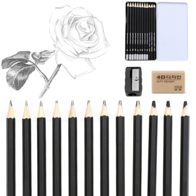 Imagen de Lápices Dibujo Profesional (12 piezas), de Grafito, 2H, H, HB, B, 2B, 4B, 5B, 6B, 8B,Suave, medio y duro, con sacapuntas, Gomas Borrar, Para niños adultos principiantes, Negro