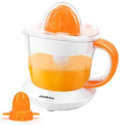 Imagen de Aigostar Exprimidor de Naranjas Electrico, 40W, 700 ml, Doble Sentido Giro, 2 Conos Desmontables y Cubierta Antipolvo, Apto para Lavavajillas, Electrico Blanco Naranja, Nia