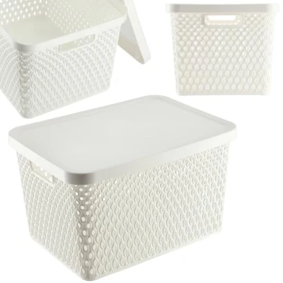 Imagen de KADAX cesta de almacenamiento, con tapa, caja almacenamiento plástico, moderna orificios ventilación (18 L, blanco)