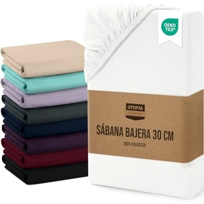 Imagen de Utopia Bedding Sabana Bajera 90x200x30 cm Blanco Bolsillo Profundo Microfibra de Poliéster Cepillado (Cama 90)