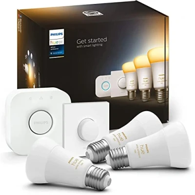 Imagen de Philips Hue Bombilla Inteligente, A60 E27, Luz Blanca de Cálida a Fría, 10. 5W, Compatible con Alexa y Google Home Pack 3 Bombillas LED inteligentes + Interruptor Inteligente Bridge