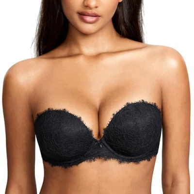 Imagen de DOBREVA Sujetador de Encaje Push Up sin Tirantes para Mujer con Aros y Relleno Negro 85E