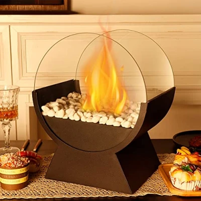 Imagen de JHY DESIGN Chimenea de Mesa Redondo Cristal 34 cm Altura Portátil Bioetanol Sin Ventilación Combustión Limpia para Interior y Exterior Patio Fiestas Eventos
