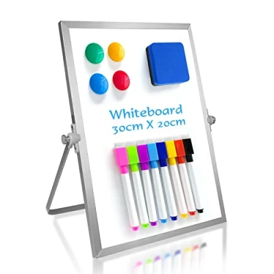 Imagen de OWill pizarra blanca pequeña de borrado en seco,30 X 20 cm magnetica con soporte y marco aluminio,dry erase whiteboard magnética doble cara bolígrafos,borrador,imán