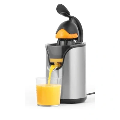 Imagen de Petra PT5026VDEEU7 Exprimidor de cítricos Deluxe, zumos pomelo, limón y naranja, 2 accesorios en forma cono, doble funcionamiento, antigoteo, sin BPA, palanca, 100 W, acero inoxidable