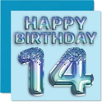 Imagen de Tarjeta de cumpleaños número 14 para niños, globo fiesta con purpurina azul, tarjetas feliz niños años, nieto, hijo, hermano, sobrino, 145 mm x mm, catorce decimocuarta
