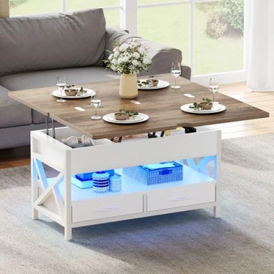 Imagen de YITAHOME Mesa de Centro Elevable y Extensible, Salon con 2 Cajóns LED Compartimento Oculto, Mesas elevables Modernas,90x50x51,5 cm