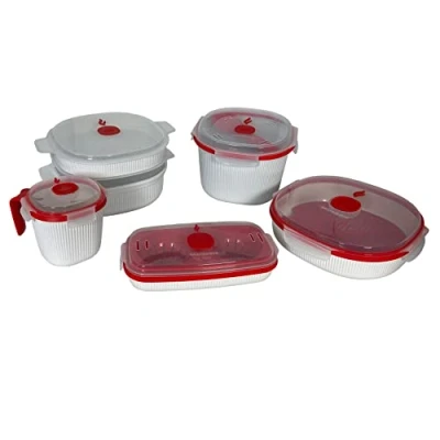 Imagen de Snips, Set 5 Recipientes para Cocinar con Microondas, Vaporeras Microondas 4 LT, 2 Cocedor de Arroz y Cereales, Huevos Tortilla, Taza, Color Blanco Rojo, Made In Italy