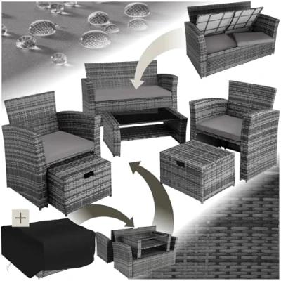 Imagen de TecTake® Conjunto Jardín Exterior de Ratán y Acero, Diseño Arqueado, Muebles Resistente a la Intemperie, 2 Sillones, Taburetes, 1 Mesa con Cristal, Cojines Funda Gris