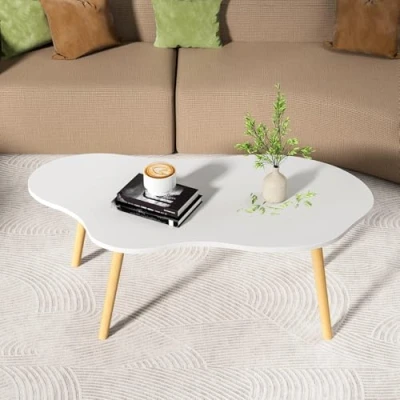 Imagen de loyliawa mesa de café, mesas centro para sala estar, pequeña, té moderna mediados siglo, minimalista con forma nube (blanco, 80 cm)