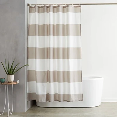 Imagen de Amazon Basics Cortinas de Ducha Tela con Ojales y Anillas, 183 x cm, Rayas Grises Grandes, Marrón Claro/Beige
