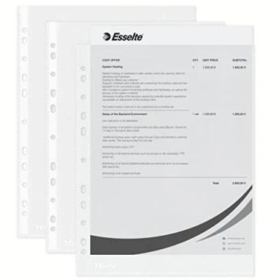 Imagen de Esselte Funda de Plástico A4 Perforada, Transparente Mate, Abertura Superior, Polipropileno 43 Micras, Pack 100, 56171