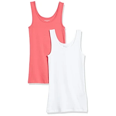Imagen de Amazon Essentials Camiseta Ajustada sin Mangas Mujer, Pack de 2, Blanco/Rosa Brillante, XS