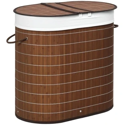 Imagen de HOMCOM Cesto para Ropa Sucia de Bambú Capacidad 100L Cesta la Colada con Tapa Abatible y Bolsa 2 Compartimentos Extraíble 62,5x37x60,5 cm Marrón