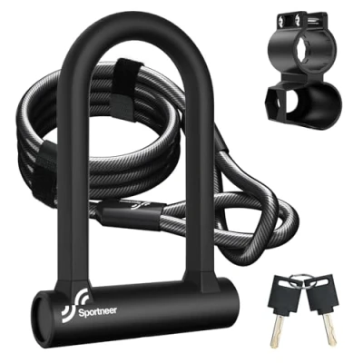 Imagen de Sportneer Candado de Bicicleta en U, 16mm Muy Resistente con Cable Alta Seguridad 5Ft/1.5M&amp;Soporte Montaje Robusto&amp;Llave Antirrobo Candados Seguros
