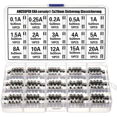 Imagen de fusibles de cristal 5 x 20 mm, surtido impacto rápido (0,1 A, 0,25 0,2 0,5 1,5 2 3 4 8 10 12 15 A), 150 unidades