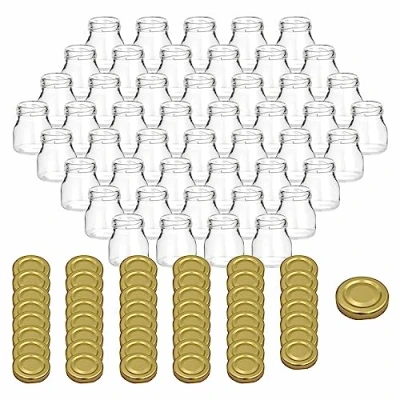 Imagen de gouveo Juego de 48 tarros vacíos 50 ml con tapa rosca dorada y libro recetas botellas, conserva, mermelada, conservas, especias.