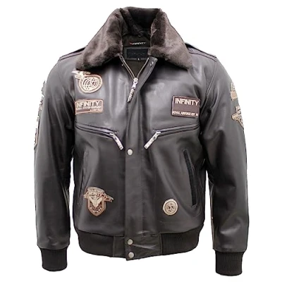 Imagen de Infinity Chaqueta de bombardero vuelo piel vaca Marrón cuero para hombre M