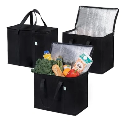 Imagen de VENO Pack de 3 Bolsas Térmicas para Comida, Bolsa Porta Alimentos Grande con Asas, Cierre y Tapa, Nevera Térmica Delivery, Compra Sostenible,Reutilizable, Plegable (Negro,Pack 3)