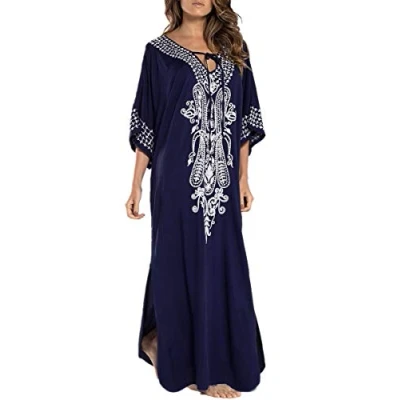 Imagen de YouKD Vestido Largo sin Hombros Kaftan de Verano para Mujer con Cuello en V Traje baño Bohemio Batas Playa Cubrir