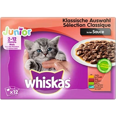 Imagen de Whiskas Comida para Gatos Junior, Pelaje Sano, húmeda en Diferentes sabores.