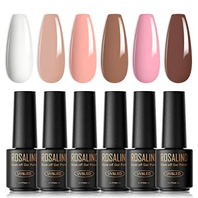 Imagen de ROSALIND Esmaltes Semipermanentes para Uñas, 6 Colores Mini Pintauñas Blanco Rosa Nude Marrón，Pintauñas UV Led