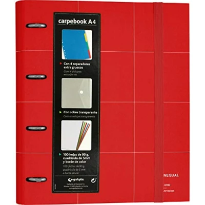 Imagen de Grafoplás 88102951. Carpeta 4 Anillas Troqueladas, Recambio 100 Hojas de 90 Gramos, Separadores Extra Gruesos y Sobre Transparente, A4, Rojo, Carpebook Unequal Grid