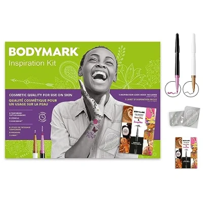 Imagen de KIT BodyMark by BIC INSPIRATION Marcadores para Tatuajes Temporales, calidad cosmética, uso en la piel 6 Marcadores, 4 de Pincel y 2 con Punta Fina, 9 Láminas Plantillas Libro Bocetos