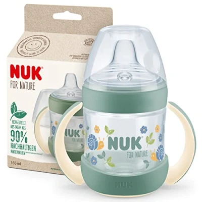 Imagen de NUK for Nature Vaso para beber 150 ml Asas y boquilla similar al pecho A prueba de fugas 6 18 meses Anticólicos Control temperatura Materiales sostenibles sin BPA Verde