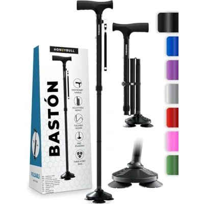Imagen de HONEYBULL Baston Retractil Bastones para Adulto Mayor, Bastón Caminar, Ajustable, Independiente, Senderismo, Fuerte Aluminio (Negro)