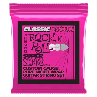 Imagen de Ernie Ball Super Slinky Classic Rock n Roll Cuerdas para guitarra eléctrica, envoltura de níquel puro, calibre 9 42