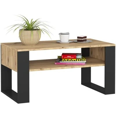 Imagen de AKORD Mesa de Centro DOMI, Roble Artisan, 92 cm, Frontales Negros Mate, 92x53x45 cm