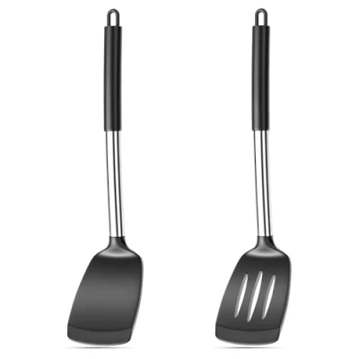 Imagen de Avesteir 2 Piezas Espatula Silicona, Espátulas de Cocina Antiadherente Resistente al Calor 35cm, Silicona con Núcleo Acero Inoxidable, Utensilios para Hornear Tortitas (Negro)