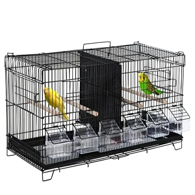 Imagen de PawHut Jaula para Pájaros con Divisor Pajarera Ganchos Superiores Puertas Comederos Perchas y Bandeja Extraíble Canarios Periquitos 59,5x26,5x39,5 cm Negro