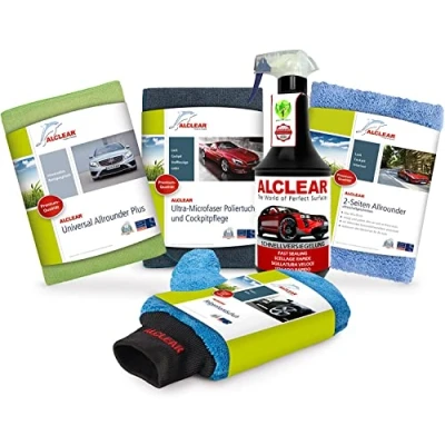 Imagen de ALCLEAR 8201050 Set de limpieza para coche (brillo profundo, con barniz y paño secado, pulido coche, sellado pintura, guante llanta, cabina