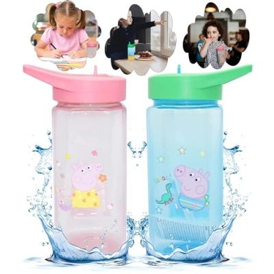 Imagen de SRV Hub 2 botellas de agua con popote 420 ml, botella plástico cuadrada 16 cm, sin BPA, para niños más 6 meses (Peppa y George Pig)