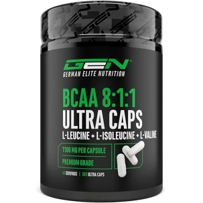 Imagen de BCAA Ultra Caps 365 cápsulas con altas dosis de 1100 mg por cápsula Premium: Potente proporción 8:1:1 Leucina, L isoleucina, valina Aminoácidos esenciales cadena ramificada
