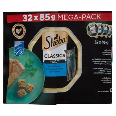 Imagen de Sheba Classics in Paté Comida húmeda para Gatos en la cáscara, variación de Pescado (MSC) con salmón, Blanco, atún y Bacalao, 32 x 85 g