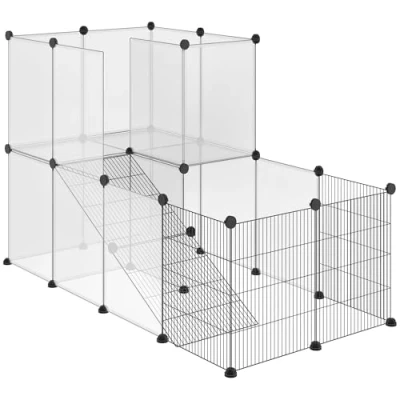 Imagen de PawHut Jaula para Animales Pequeños Parque Mascotas con 27 Paneles y Forma Personalizable Cobayas Conejos Chinchillas 140x70x70 cm Transparente