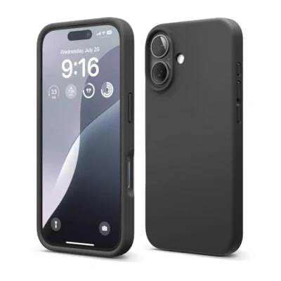 Imagen de elago Compatible con Funda para iPhone 16, de Silicona Líquida Premium, Protectora Cuerpo Completo, A Prueba Golpes, Forro Microfibra Suave Antirrayas (Negro)