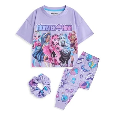 Imagen de Monster High Conjunto de Pijama 3 Piezas para niñas Altas Top Noche y Parte Inferior Pierna Larga con Estampado Integral en Color Morado niños Pijamas Manga Corta