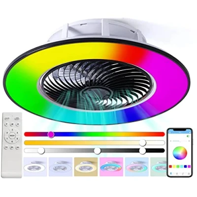 Imagen de YUNZI RGB Lampara Ventilador Techo con Luz Silencioso Mando A Distancia Plafon LED De Iluminación Luces Regulable Altavoz Bluetooth Música Habitacion Colores ＆ DC Reversible