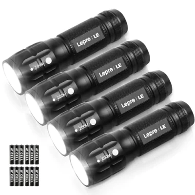 Imagen de LE Linterna LED LE1000, Portátil Linternas Alta Potencia con Zoom, IPX4 Impermeable Táctica de Aluminio para Ciclismo, Camping, Senderismo, Emergencia etc [12 AAA Pilas Incluidas]【4 PACK】