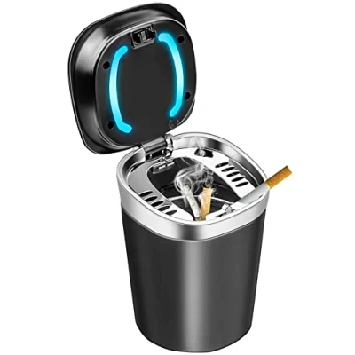 Imagen de Cenicero de Coche, Pórtatil con Luz Led y Tapa para Automóvil Camping Oficina Negro