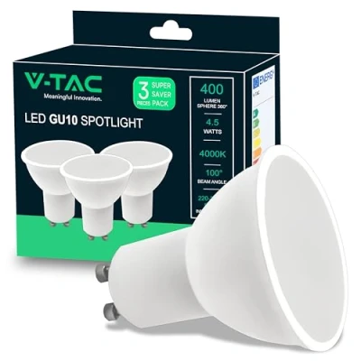 Imagen de V TAC 3x Bombillas LED GU10 4,5W (Equivalente a 35W) 400 Lumen Apertura del Haz de Luz 100 cubierta satinada Bombilla Máxima Eficiencia y Bajo Consumo 4000K Blanco Neutro