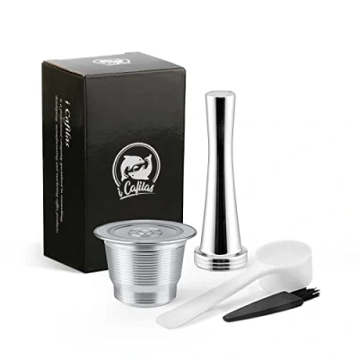 Imagen de Nespresso Cápsulas de café acero inoxidable y metal reutilizables recargables para el hogar o cafeterías Color plata (pincel cuchara no incluidos) Tamper + Capsula