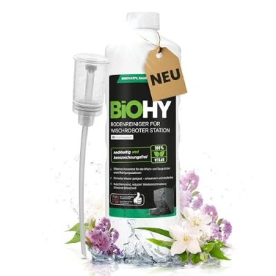 Imagen de BiOHY limpiador de suelos para robot estación con aroma primaveral (botella 1 l) + dosificador, detergente concentrado todos los robots limpiadores y aspiradores función húmeda,