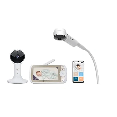 Imagen de Motorola VM65X Connect Monitor de videovigilancia para bebés con unidad familiar Full HD 1080p 5 pulgadas, aplicación móvil y soporte mango magnético flexible la cuna (blanco)
