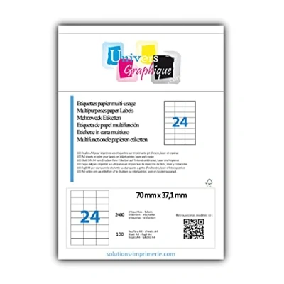 Imagen de 100 A4 hoja 24 etiqueta de papel adhesiva 70 x 37 mm para impresoras chorro tinta y láser