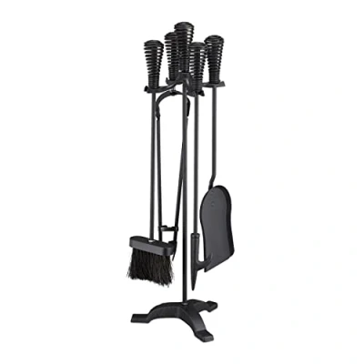 Imagen de Relaxdays Accesorios Chimenea, Set 5 Piezas, Atizador, Pala, Escoba, Pinzas y Soporte, Útiles de Estufa, Acero, Negro, 64 x 22 20 cm